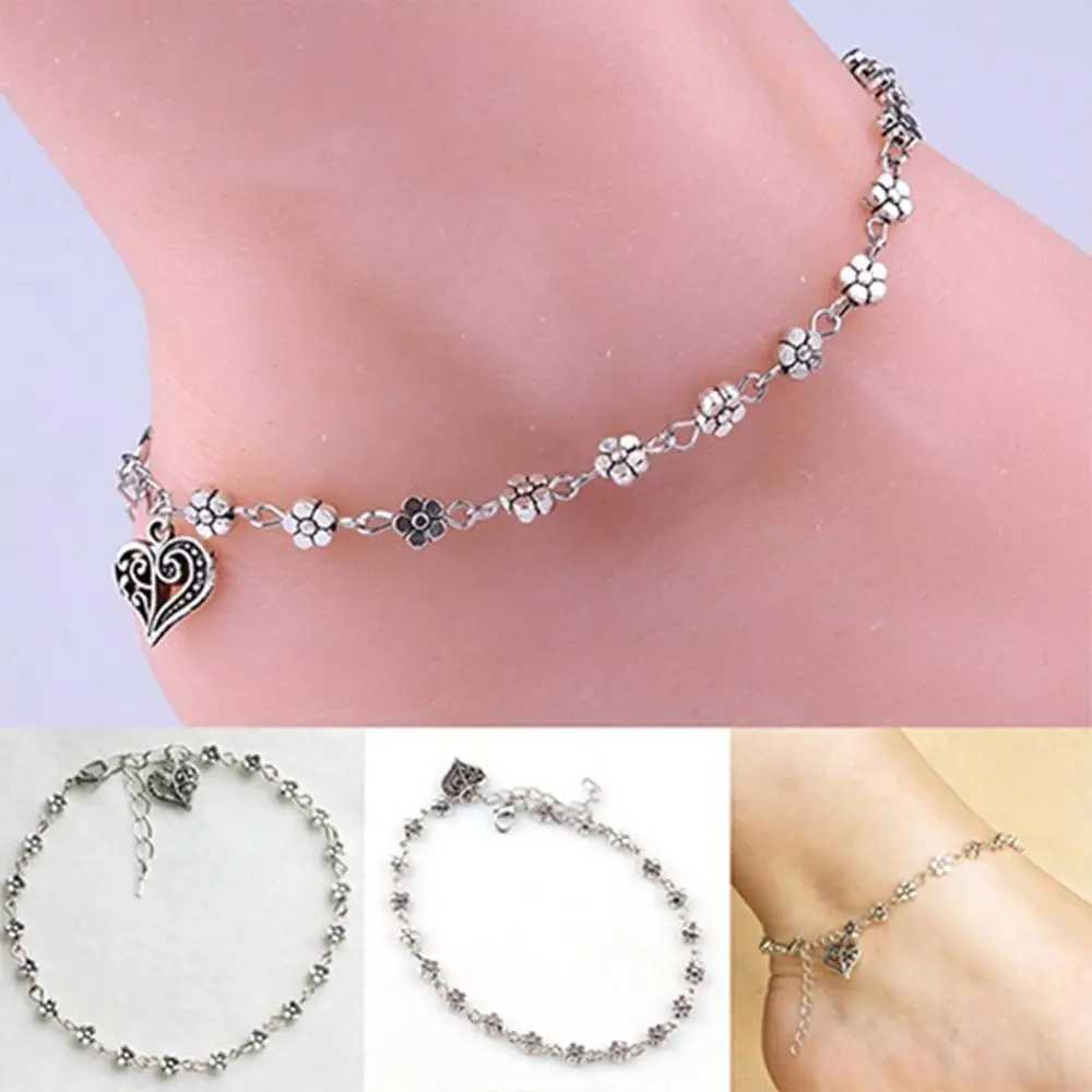 Vintage Retro Womens Anklet Heart Flowers Barefoot Sandal Beach Anklet Thin Chain Foot JewelryXJ250121