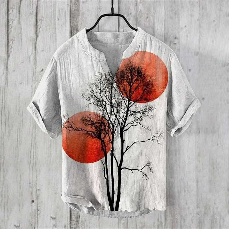 2024 New 100% Linen Shirt HD Pattern Plus Size Crane Fish Landscape Painting Shirt Hawaiian Mens Linen V-neck Mens T-shirtXJ250121