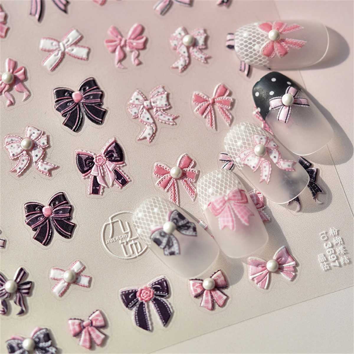 Pink Black Bowknot Retro White Lace Rose 5D Embossed Reliefs Self Adhesive Nail Art Stickers Vintage Manicure Decals WholesaleXJ250120