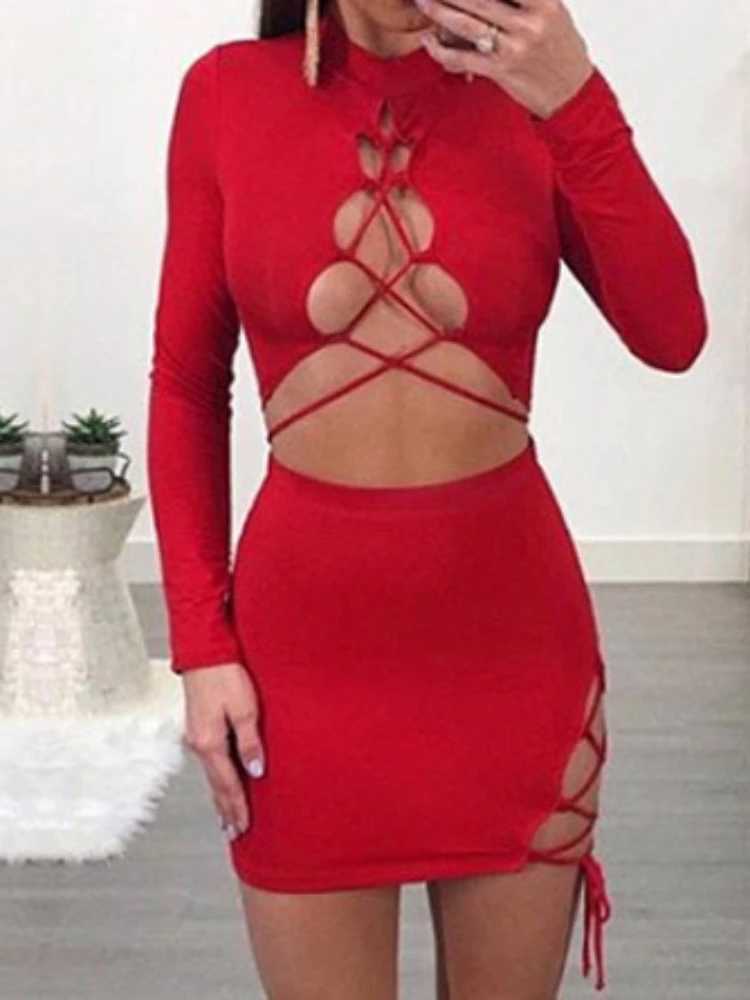 Sexy Cross Bandage Hollow Out Elastic Slim Bodycon Dress Women Long Sved Solid Color Mini Dress Evening Club Party VestidosXJ250115