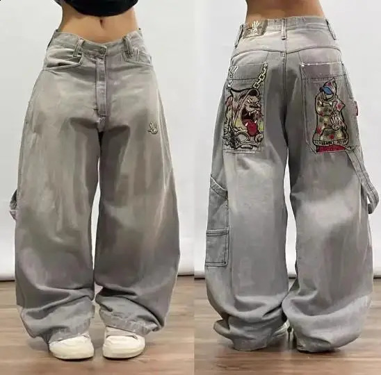 Y2K Jeans Harajuku Hip Hop Retro Skull Graphic Embroidered Baggy Denim Pants Men Women Goth High Waist Wide Trousers 250121