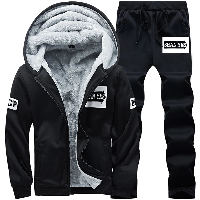 Fleece Men Set Fashion Tracksuit Lined Thick Sweatshirt Pants Sportswear Suit Male Winter Warm Hooded Outerwear Suit 250117