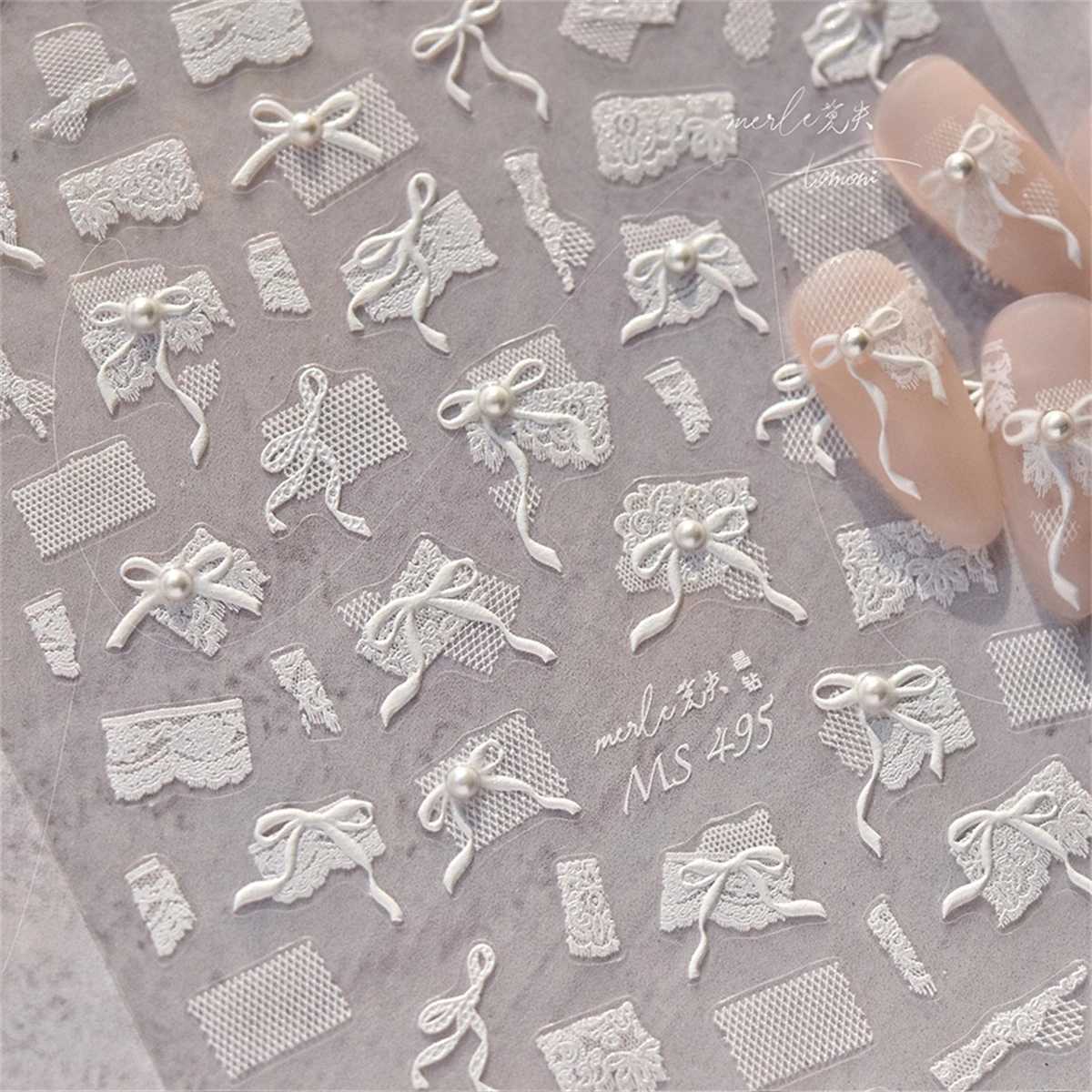 1pcs 5D Diamond Japanese White Lace Bow Nail Art Stickers Pearl Rhinestones Nail Decoration Adhesive Decals Slider DIY AccessoryXJ250120
