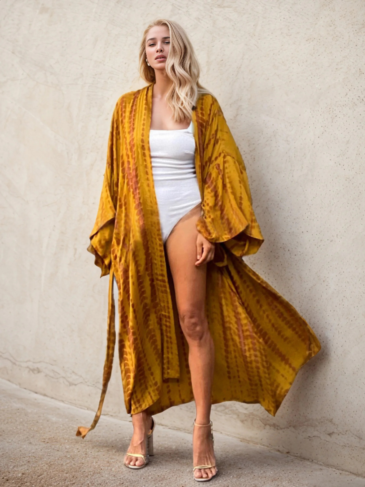 2024 vacation sexy swimsuit cover bohemian tie dye printed waistband kimono cardigan womens dress oversized beach casual wear 250122