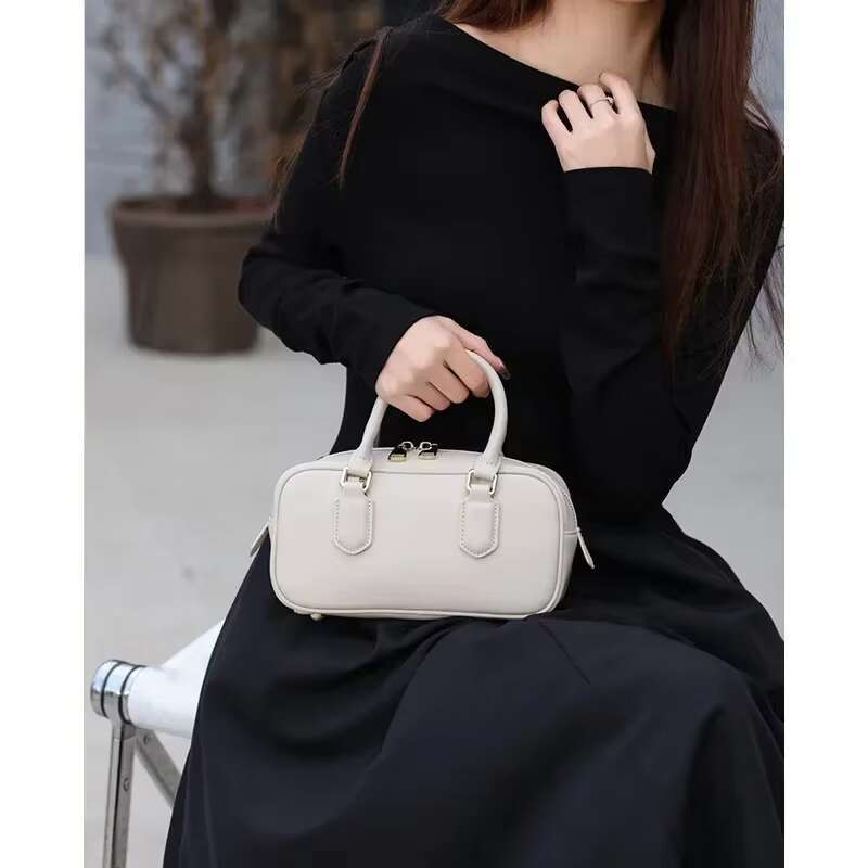 2024 New Genuine Leather Women Boston High Quality Shoulder Crossbody Retro Commute Handbags Ladies Mini Tote Bag Coffee