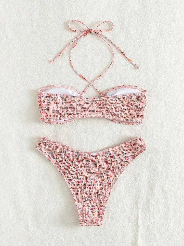 Sexy Bathing Suit Women Printed Swimsuit Pleated Bikini Set Bow Tie Lace Up Two-piece Beachwear Summer Halter BiquinisXJ250120