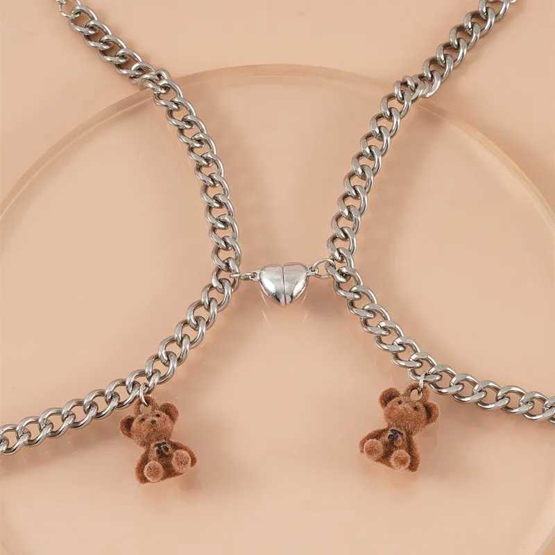 2Pcs New Plush Bear Couple Magnet Bracelets Stainless Steel Heart Chain Bracelet Unisex Friendship Valentines Day Jewelry W250121