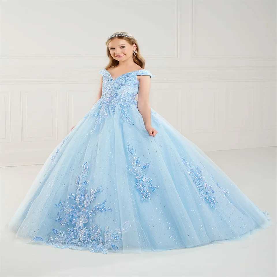 New Sky Blue Flower Girl Dress Elegant Appliqu V-Neck Off-The-Shoulder Graduation Celebration Baptism Pageant Birthday Junior X250203