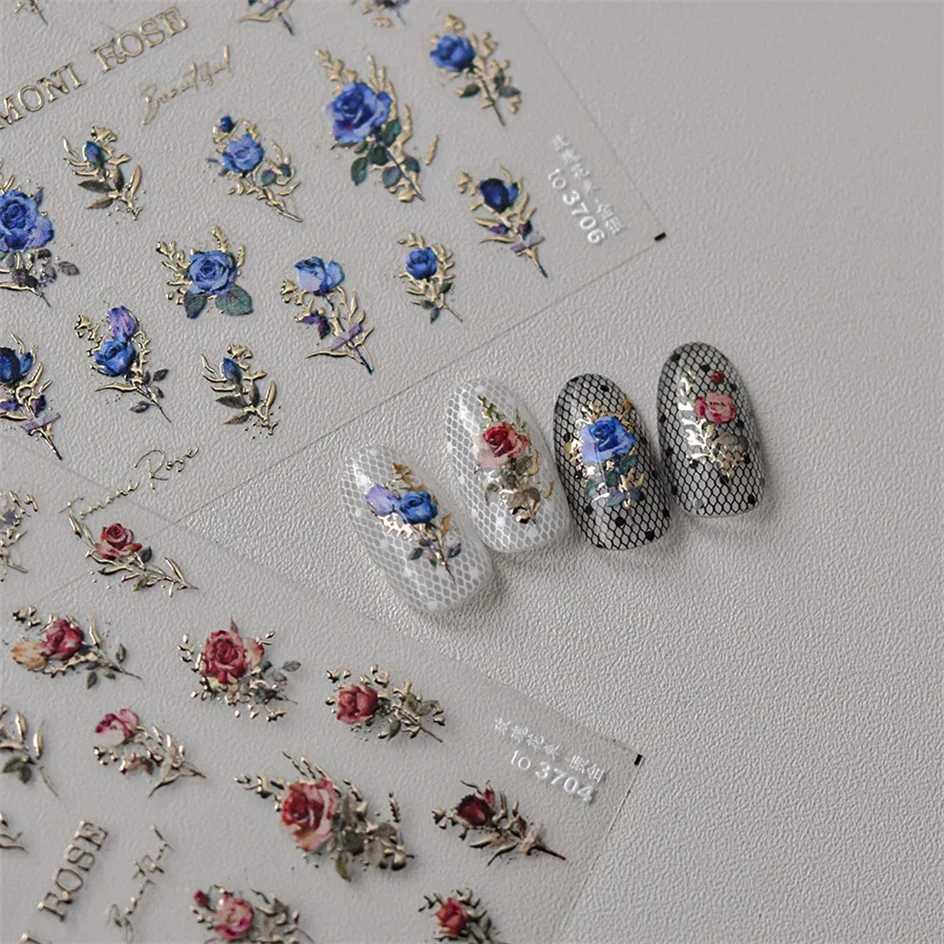 Japanese Vintage Red Blue Rose Flower Laser Gold Silver Nail Stickers Nail Art Decal Design Manicure Tool High QualityXJ250120
