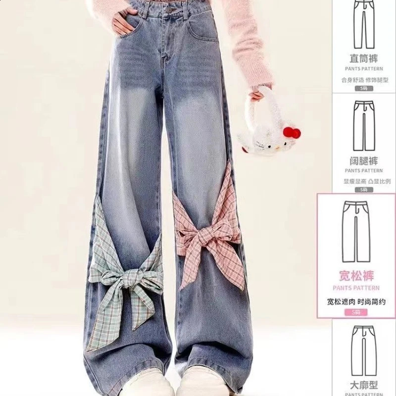 American retro gothic checkered patchwork women jeans with bow tie and loose bandwidth Y2k streetwear wide leg pants 250121