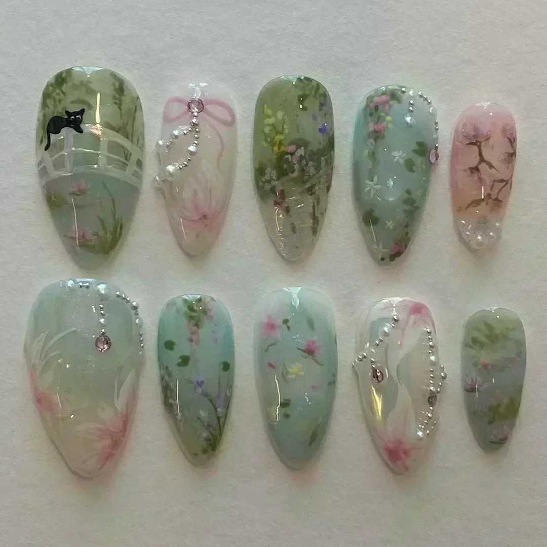 24pcs Detachable Almond bowknot French False Nails Stars Love Glitter Design Press on Nails Fake Nials DIY Manicure NailsW250120
