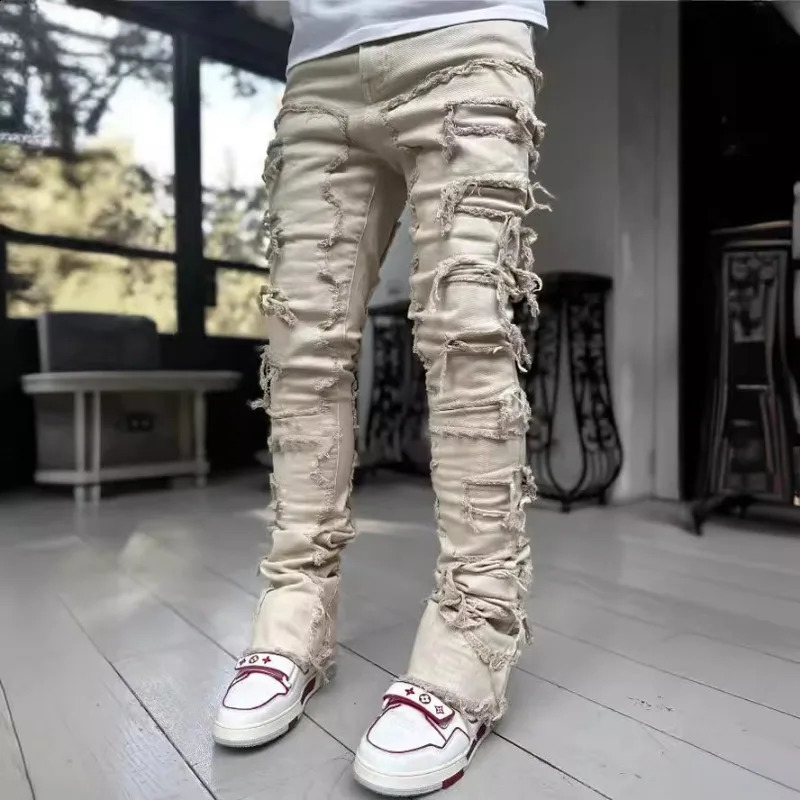 Spring Summer Mens Clothing Fashion Solid Color Elastic Patch Denim Straight-Leg Pants Jeans 250120
