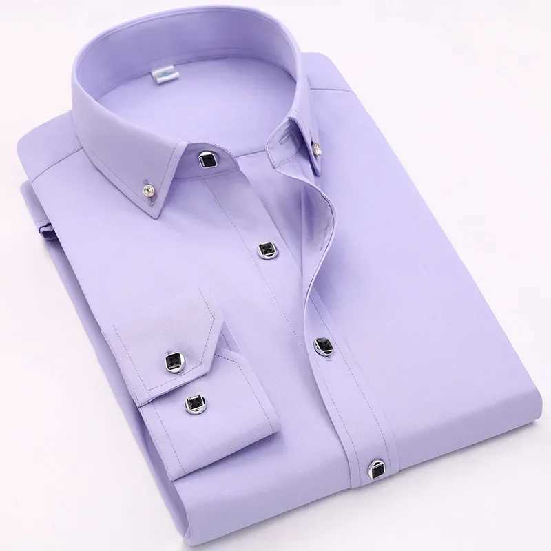 Quality Luxury Mens Diamond Button Solid Dress Shirt Casual Standard-fit Comfortable Soft Long Sleeve Shirt Men ClothingXJ250121