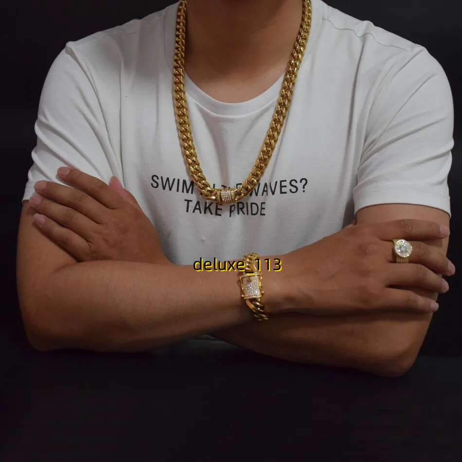 12mm/14mm Mens Miami Cuban k Necklace Chains Stainless Steel CZ Clasp Iced Out Gold Hip Hop Jewelry