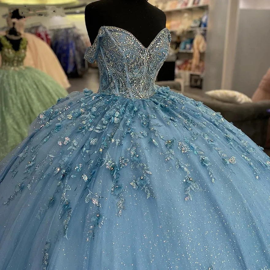2025 Light Blue Off The Shoulder Ruffles Ball Gown Quinceanera Dresses Sequined Lace Beading Crystal Corset Vestidos De 15 Anos