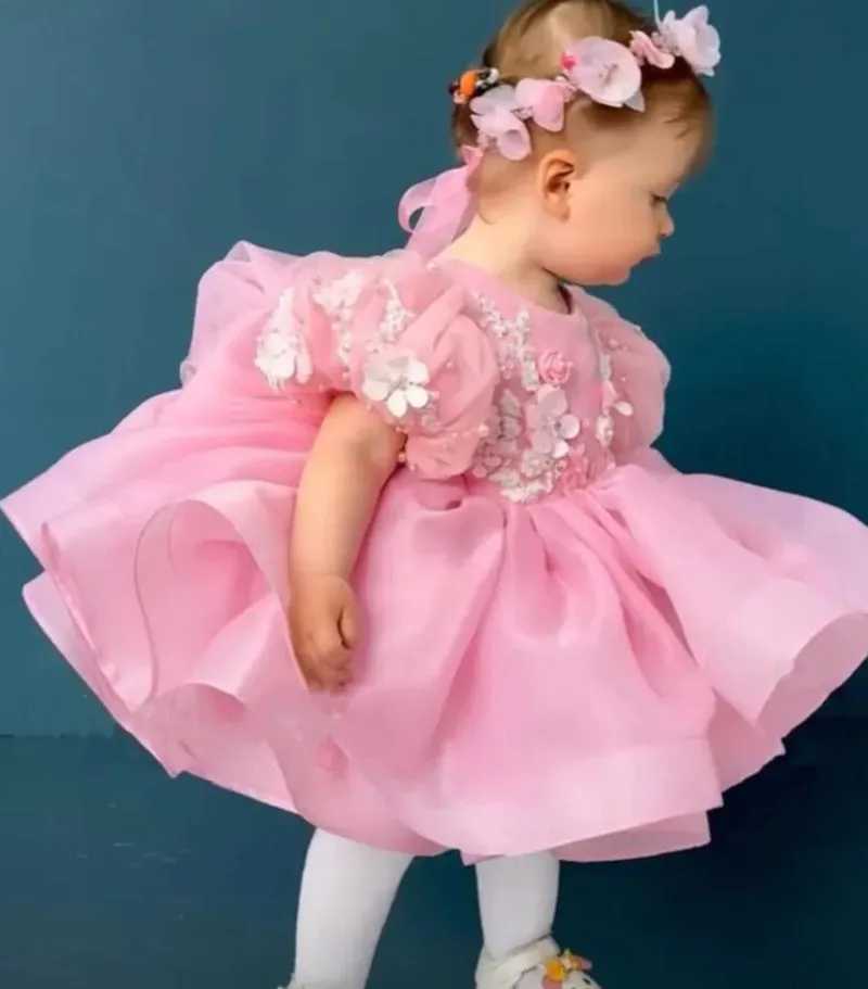 New Fluffy Baby Girl Dress Pink Party Gown Lolita First Birthday Princess Dress Christening Gown Baby Clothing with Big Bow X250203