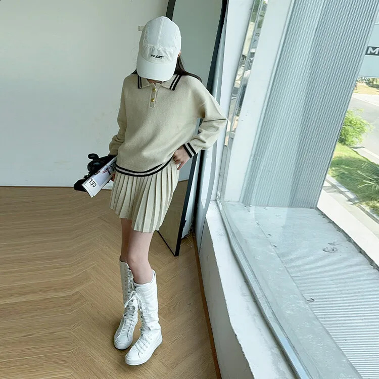 winter spring Girls set Clothes teenager knit sweatshirts sweater short pleated skirt baseball 4 8 10 12 year tracksuit 250117