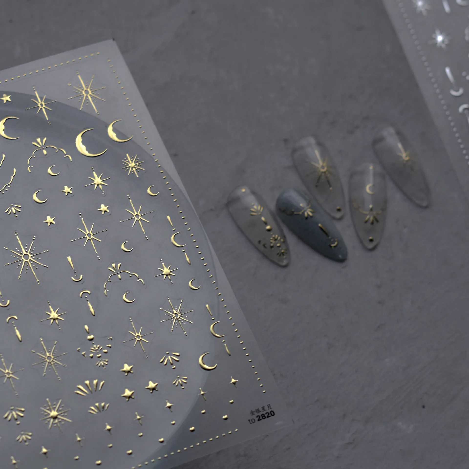 3D Gold Sun/Moon/Star Bronzing Nail Art Sticker 8*10cm Laser Star Moon Design Nail Decal Gold Silver Self-Adhesive Slider * XJ250120