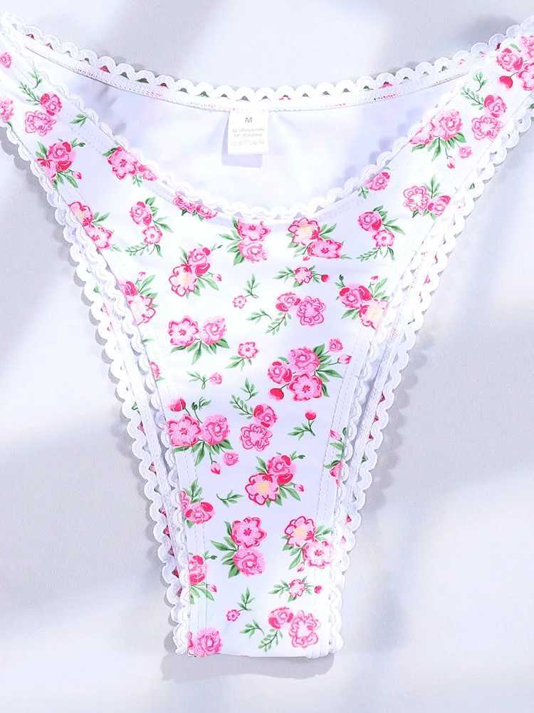 Floral Bikini Pink Swimwear Bow Swimsuit Women Low Waist Bathing Suit 2024 Summer Biquini Bandage Beachwear SexyXJ250120