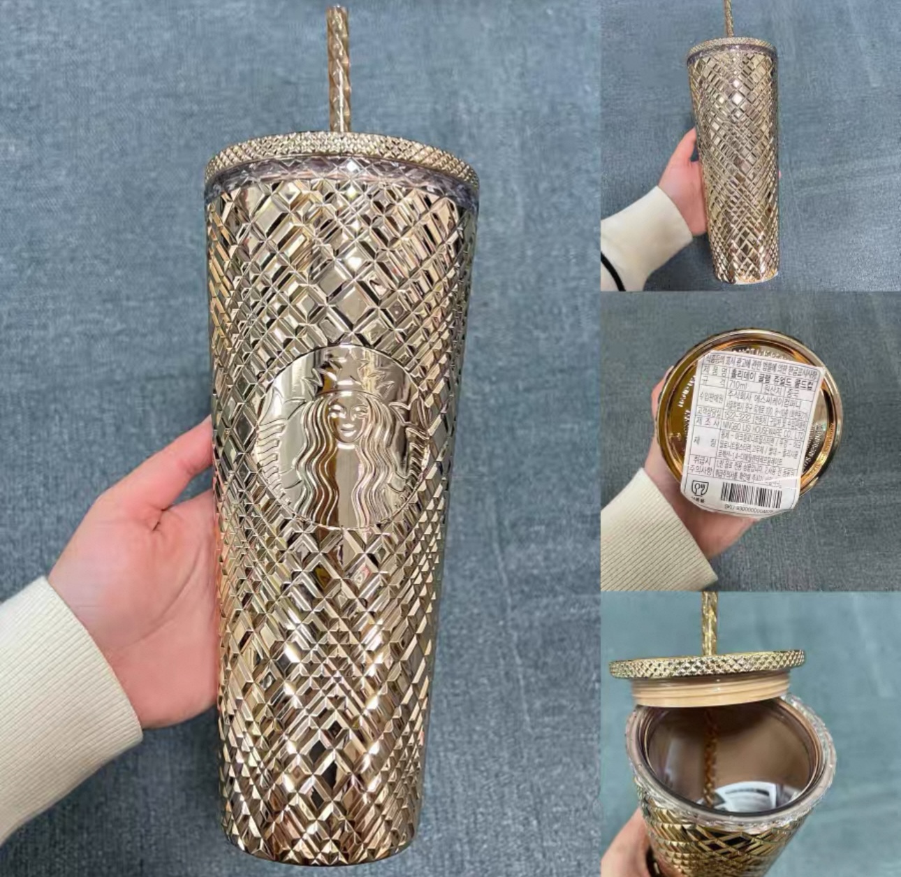 Starbucks 24OZ Gold Diamond Textured Plastic Tumbler Reusable Cold Cup with Lid and Straw