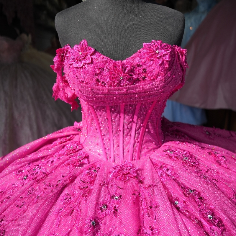 Rose Red Shiny Quinceanera Dresses Ball Gown Off Shoulder Appliques Lace Beading Tull Corset Birthday Party Sweet 16 Dress Vestidos 15 De Anos
