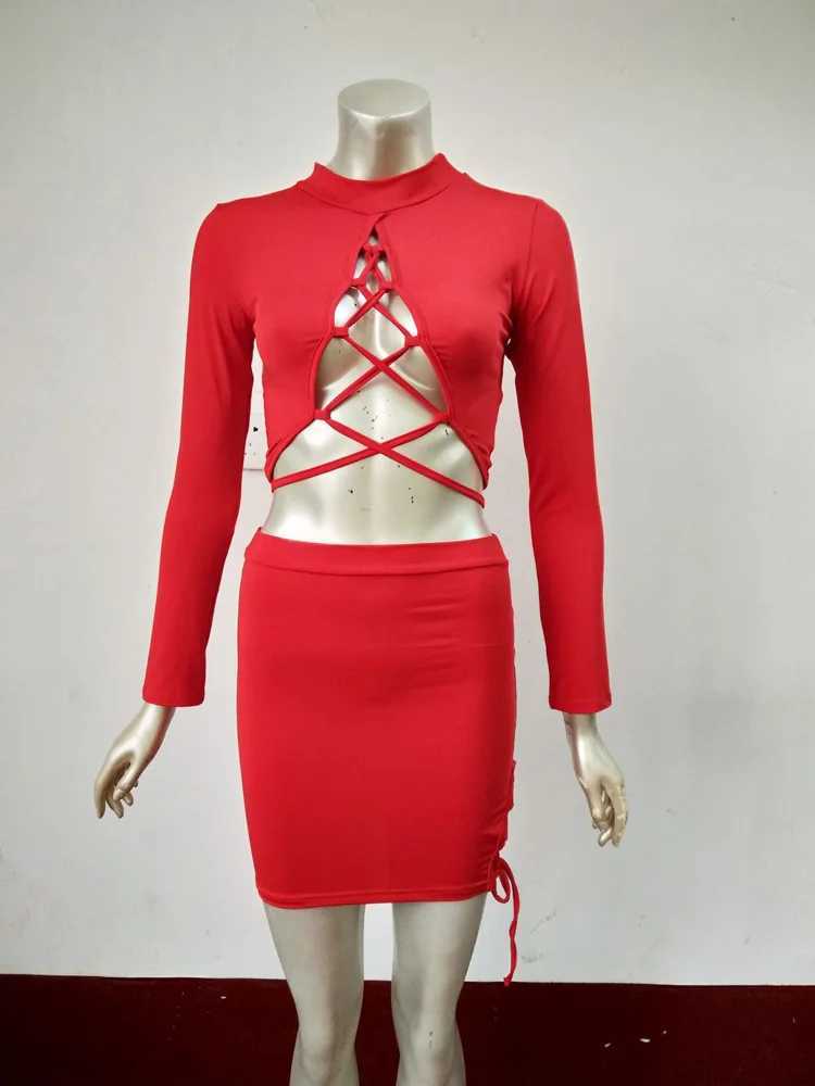 Sexy Cross Bandage Hollow Out Elastic Slim Bodycon Dress Women Long Sved Solid Color Mini Dress Evening Club Party VestidosXJ250115