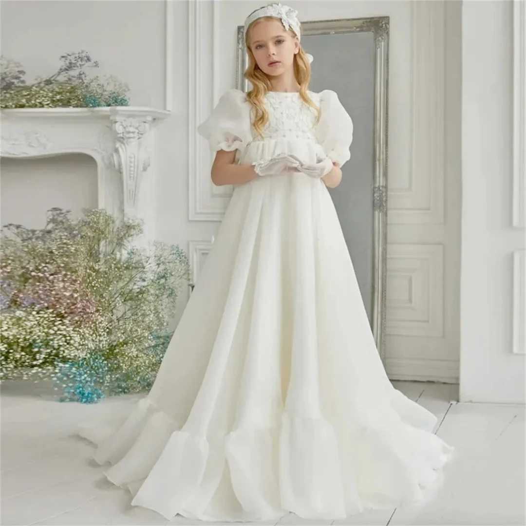 Flower Girls Dresses Vintage Ivory Puffy Appliques Short Sleeve For Wedding First Communion Gowns Infant Christening Gowns X250203