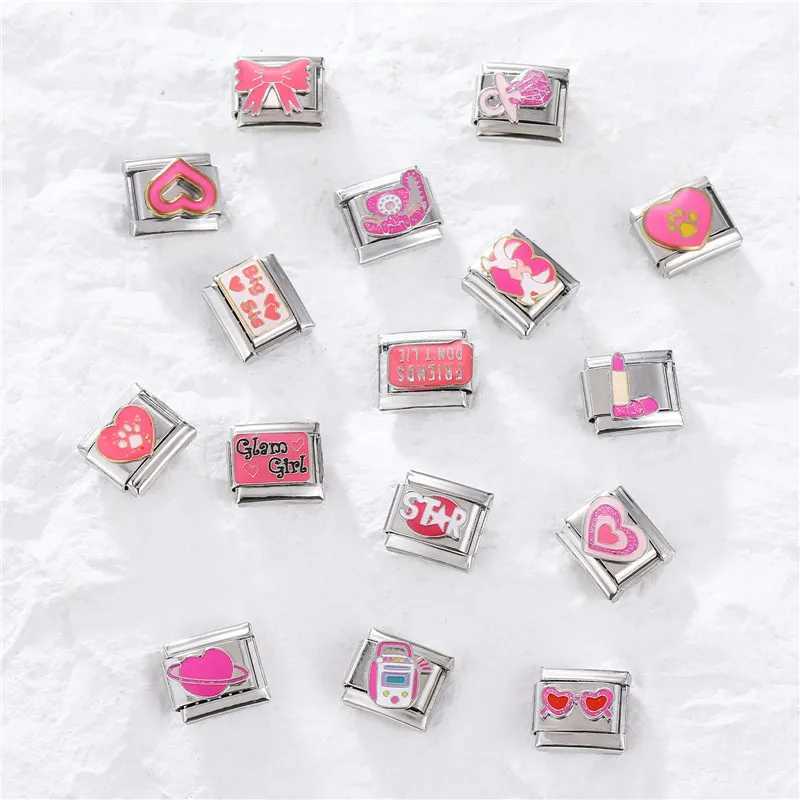 Sweet Rose Pink Color Glam Girl Love Bow Italian Charm Links Fit 9mm Bracelet Stainless Steel Diy Making Jewelry Women Gifts W250121