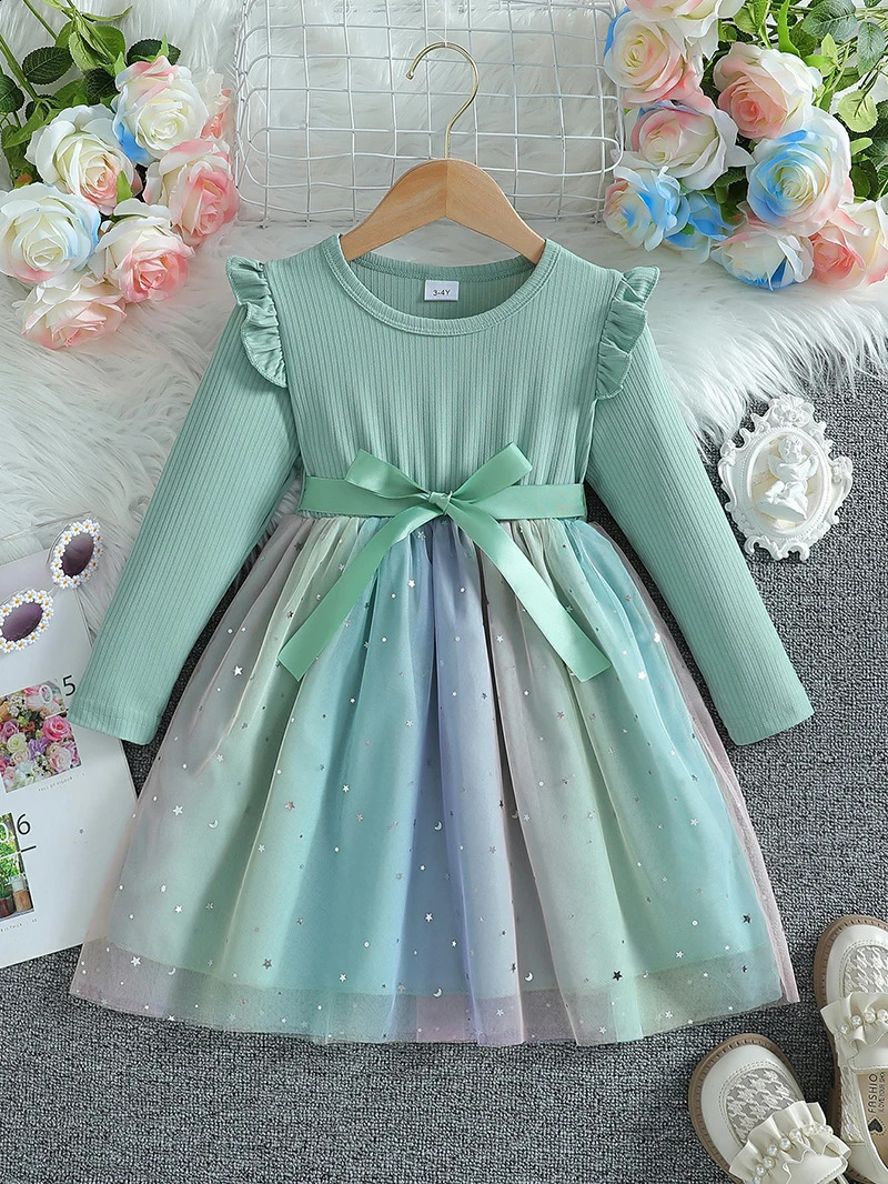 Girls Long Sleeved Bow Dress 26Y Fashion Thin Childrens Starry Sky Sequin Mesh Spring Autumn Kids Clothing 250117