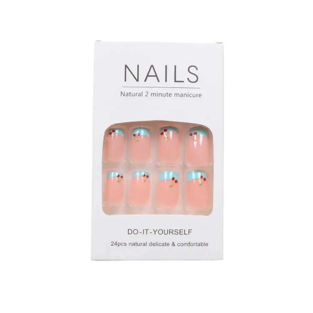 24pcs Manicure On Almond False Nails Stiletto Ballerina Fake Nials Detachable Cute Cherry Press on Nails DIYW250120