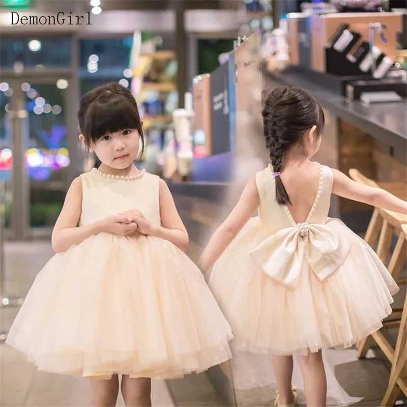 White Tulle Pearls Baby Girls Dress Kids Clothes Bow Birthday Party Gown Girls Baptism Princess Christening Evening Clothes X250203