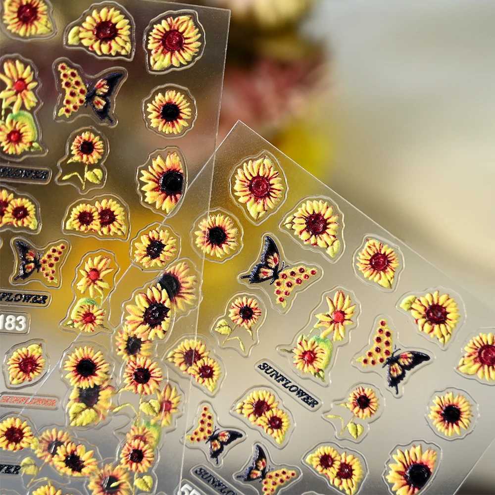 5D Sunflowers Nail Stickers Fall Design Floral Butterfly Bee Nail Decal Self-adhesive Embossed Sliders Manicure Decor NK5D-181G%XJ250120