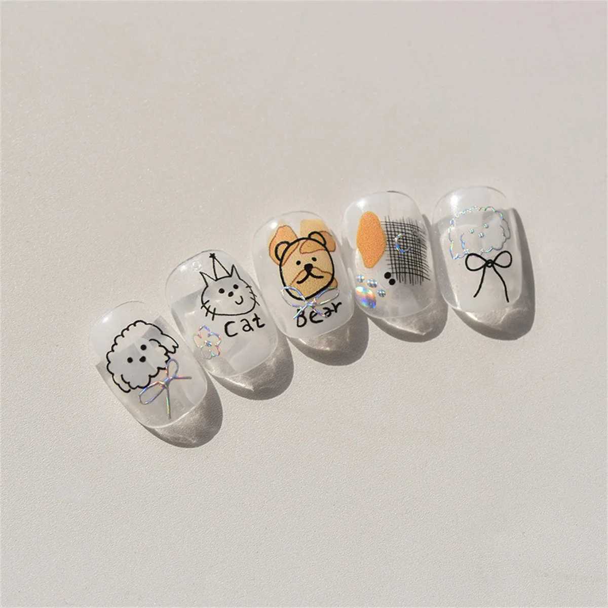 1pcs Cute Sketching Graffiti Animal Cat Dog Rabbit Bear Laser Nail Art Sticker Designs Self Adhesive Decoration Decal AcessoriesXJ250120