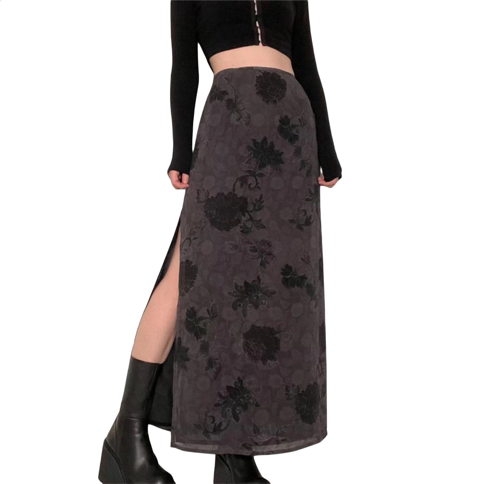 Women Gothic Grunge Y2K Skirts High Waist Floral Split Bodycon Long Skirt 2023 Summer Casual Bohemian Streetwear 250110