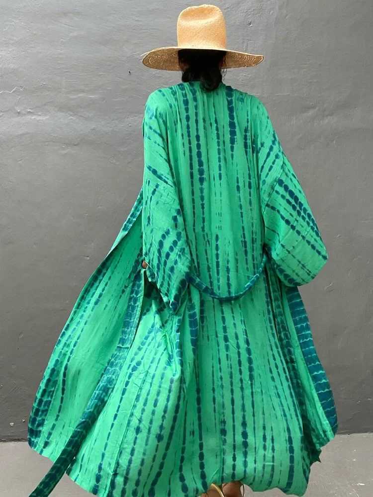 Bohemian striped tie swimsuit cover with Tunic Sarong cardigan Dr 2023 womens bikini cover beach wearing kimono Pareo W250120