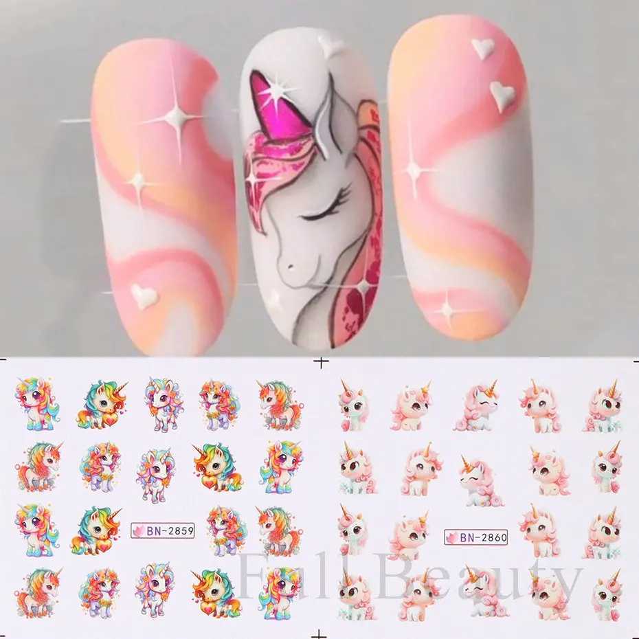 12PCS Cute Unicorn Nail Stickers Rainbow Ice Cream Nail Art Water Transfer Decals Sliders English Letter Decoration Foils TattooXJ250120