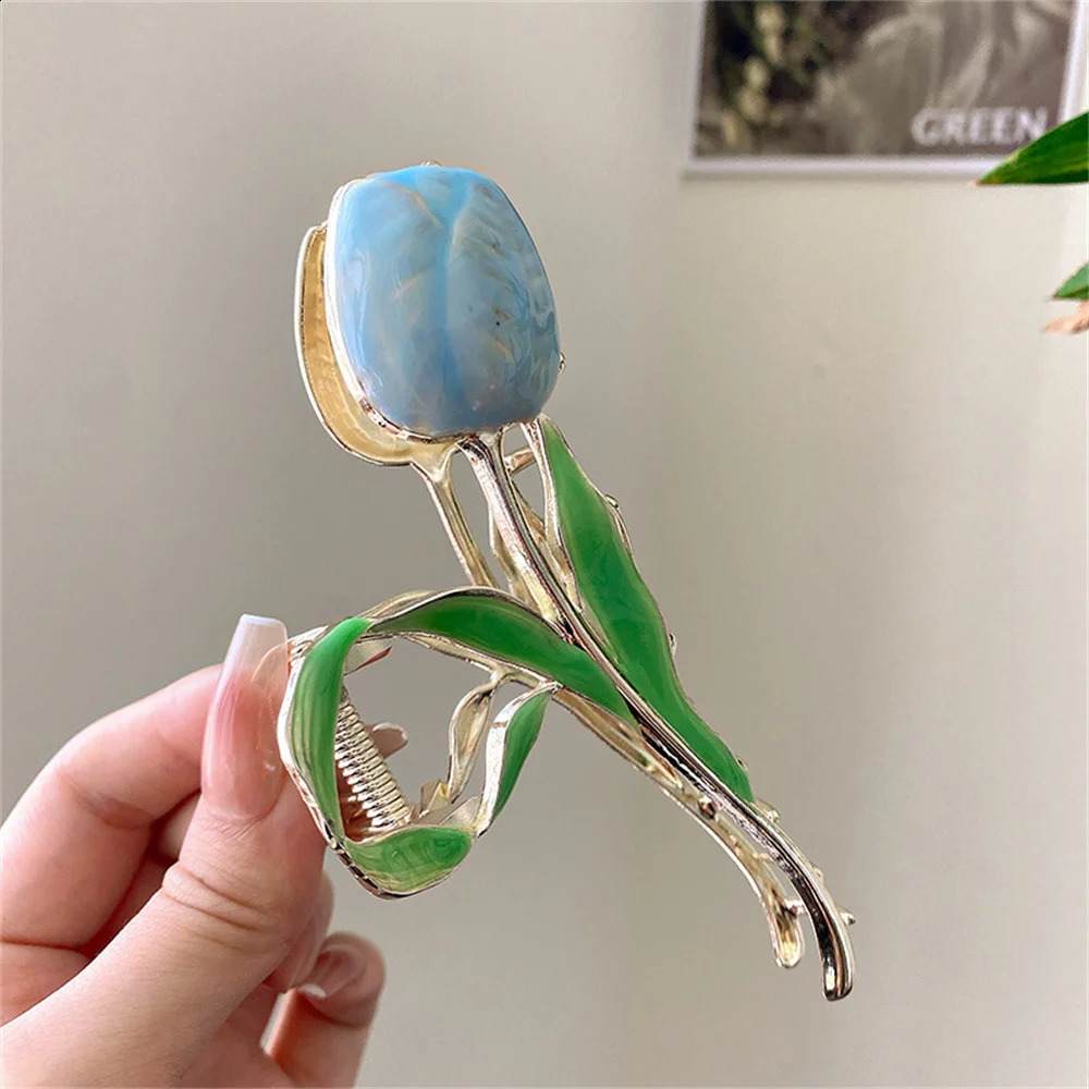Vintage Tulip Flower Hair Claw Clips Women Alloy Makeup Hair Styling Clamp Barrettes Girls Ponytail Shark Hair Claw Barrette 250120