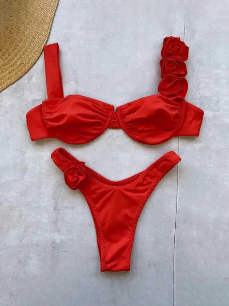Sexy Swimwear Women Solid Bikini Suit Summer 3D Flower Backless Beachwear Fe Two-pieces Swimwear Bathing Suit BiquiniXJ250120