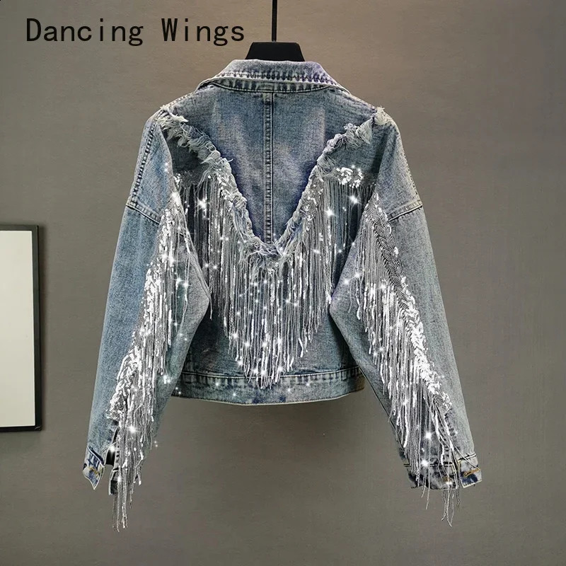 High Quality Denim Jackets Female Spring And Autumn Sequined Tassels Loose Streetwear Womens Outerwear Coats 250116