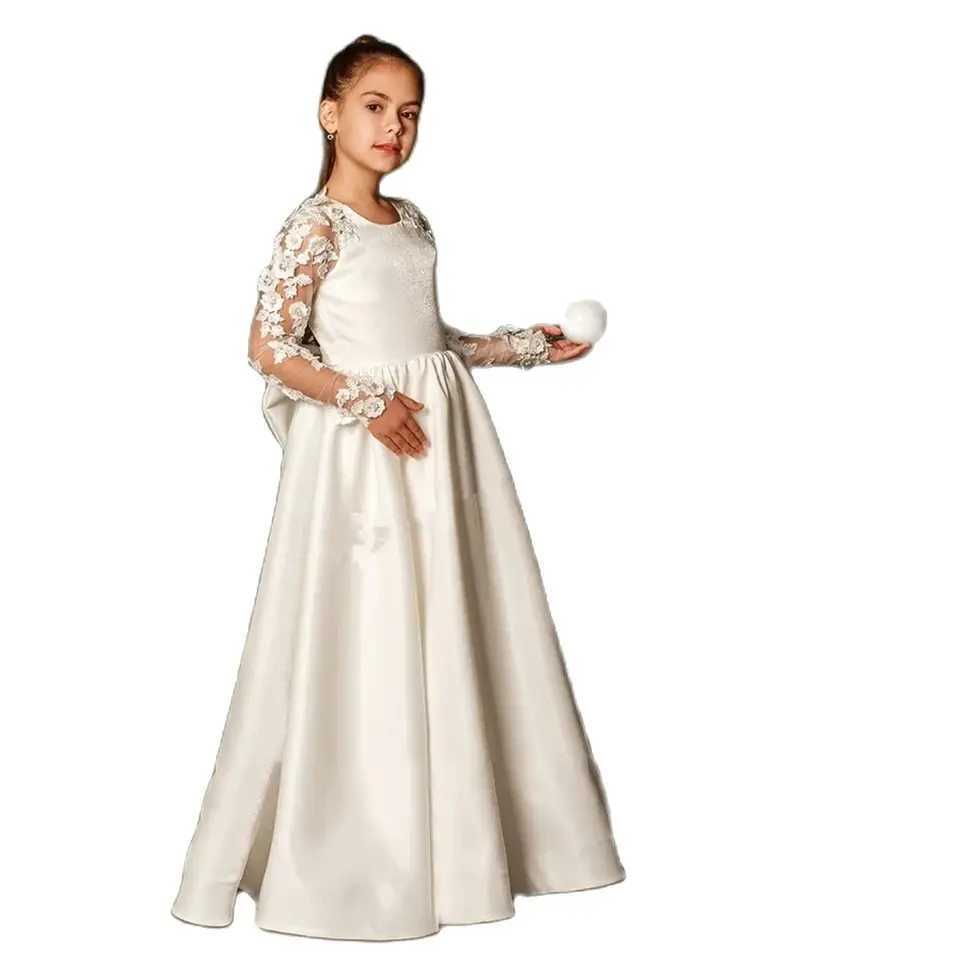 Elegant Princess Satin Long Sleeves Flower Girl Dress 2024 Lace Appliques O-Neck Birthday Party Baptism Kid First Communion Gown X250203