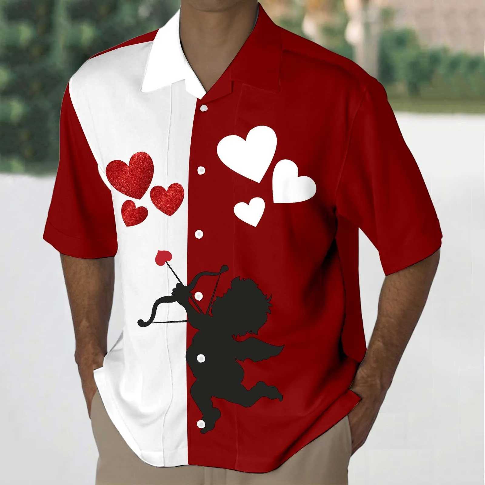 Valentine Day Mens Shirts Cupid Heart Print Patchwork Casual Shirt 2024 Summer Short Sleeve Turn Down Collar Button Up Tees TopXJ250121