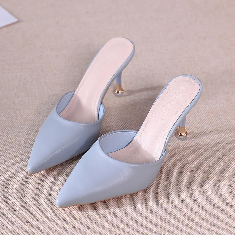Fashion Thin Heel Outside Slippers for Women Summer High Heel Ladies Shoes Baotou Rubber Pu Womens Slippers 250113