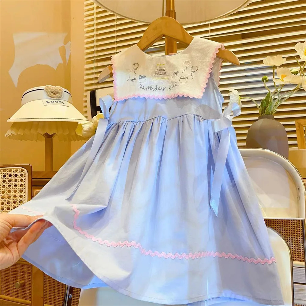 Girls Casual Dresses Summer Blue Dress Baby Doll Collar Vest Round Fashion Simple Childrens Clothing Lovely 250117
