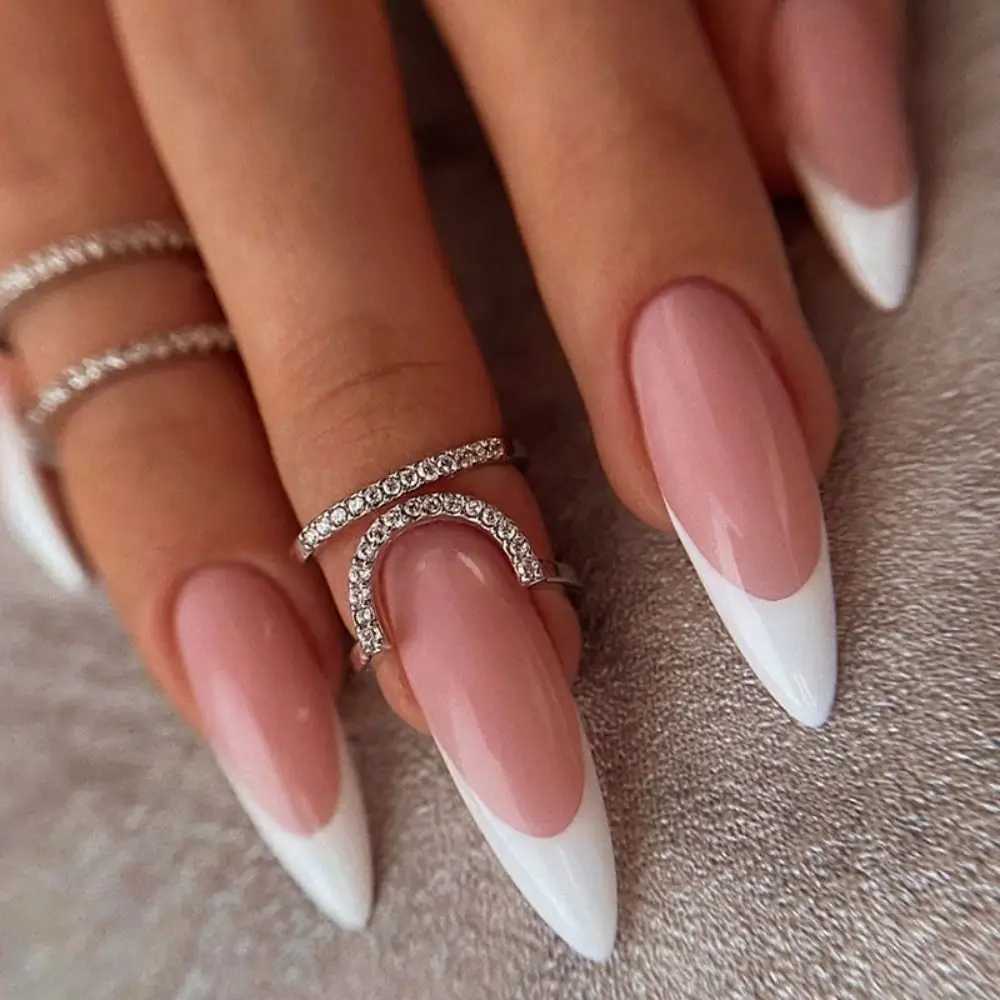 24 pieces of long thin high-heeled French fake nails with white edges simple Aurora fake nails fully covered nail press DIY detachable handleW250120