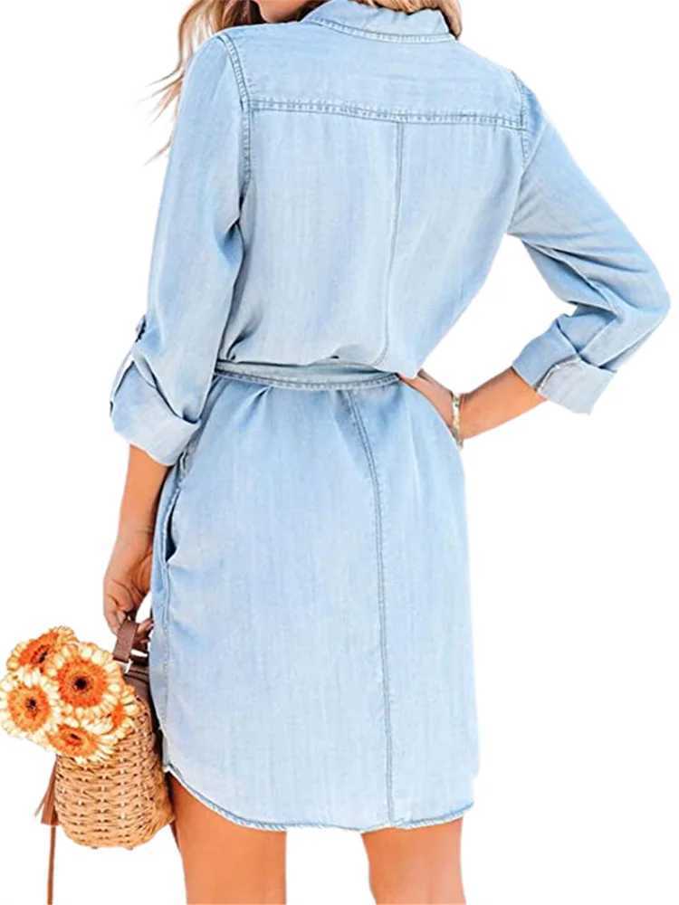Women Autumn Denim Shirt Dress Solid Color Long Sve Button-Down Lapel Short Dress with BeltXJ250115