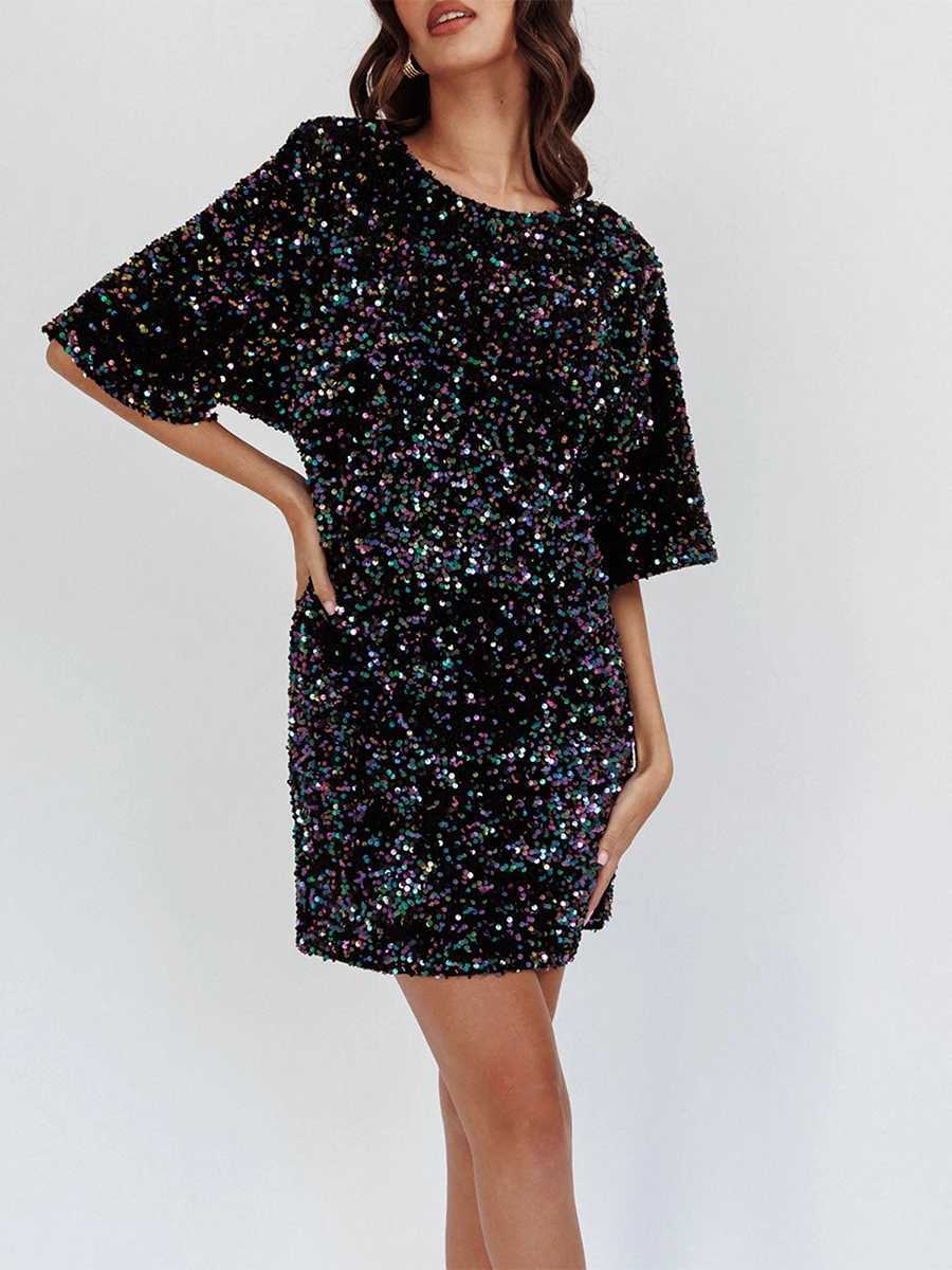 Women s Sequin Dress Casual Loose Sparkly Round Neck Short Sve Open Back Tie-Up Mini T-Shirt Dress for Party ClubXJ250115
