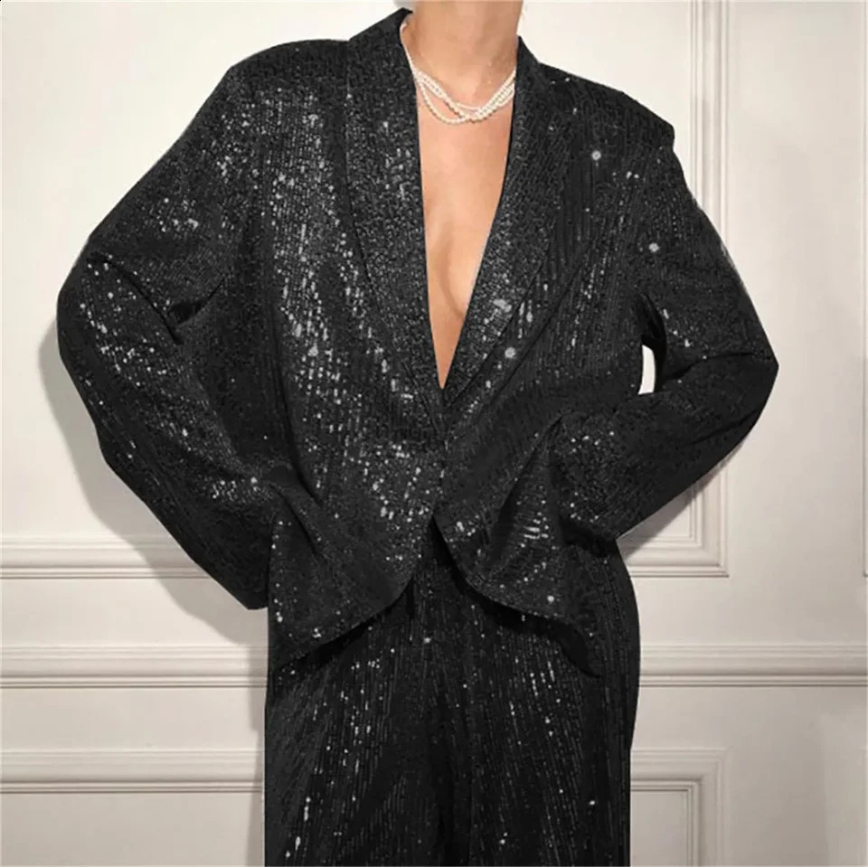 Fashion Sequines Jacket Pants Suit Loose One Button Long Sleeve Coat Wide Leg Pant Autumn Slim Lady Commuting Sets 250114Z