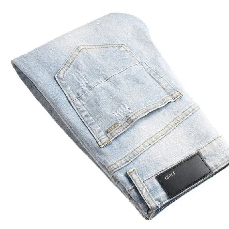 2025 Year Foreign Trade Style Youth Blue with Holes Patch Elastic High Street Mid Waist Feet Mens Jeans3848 250120
