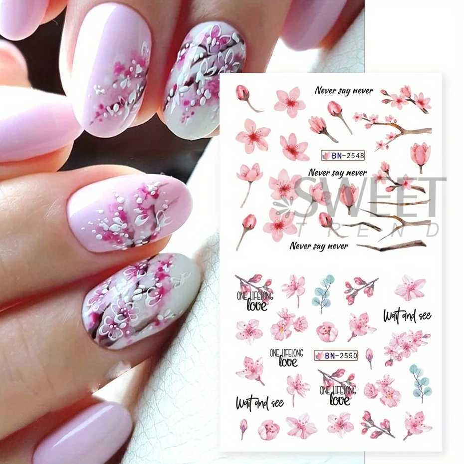 12pcs Pink Cherry Blossom Water Nail Sliders Winter New Year Sakura Floral Leaves Stickers DIY Charm Accessories Manicure DecorXJ250120