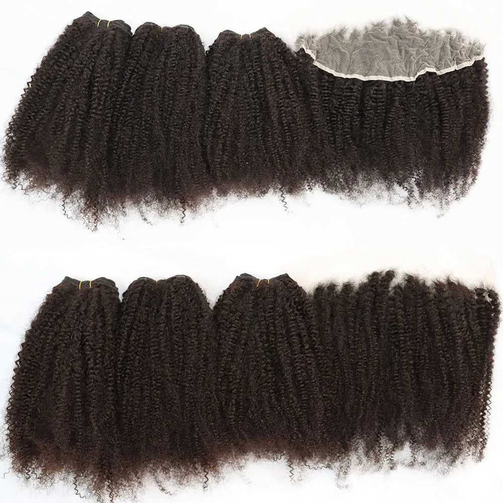 Afro Kinky Curly Virgin Human Hair Bundles with Frontal Natural Color Curly Brazilian Hair Weft with Lace Clo Full HeadXJ250120